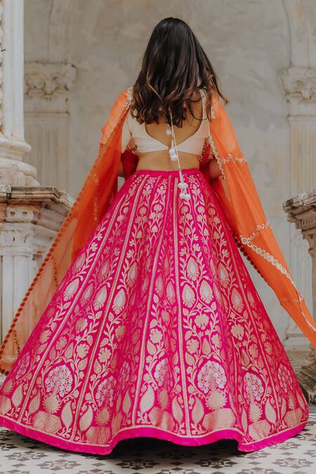 Shop_Anjana Bohra_Pink Raw Silk, Organza, Banarasi Zari Work V Neck Lehenga Set With Dupatta_at_Aza_Fashions