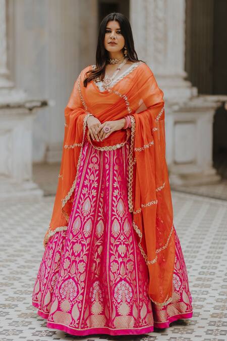 Buy_Anjana Bohra_Pink Raw Silk, Organza, Banarasi Zari Work V Neck Lehenga Set With Dupatta_Online_at_Aza_Fashions