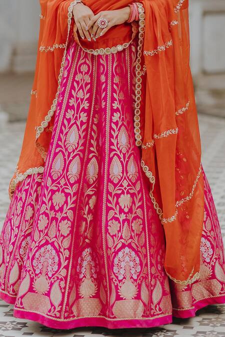 Shop_Anjana Bohra_Pink Raw Silk, Organza, Banarasi Zari Work V Neck Lehenga Set With Dupatta_Online_at_Aza_Fashions