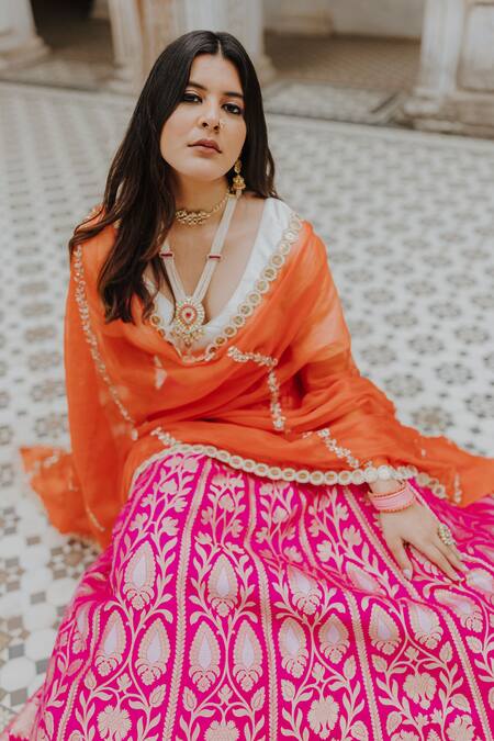 Anjana Bohra_Pink Raw Silk, Organza, Banarasi Zari Work V Neck Lehenga Set With Dupatta_at_Aza_Fashions