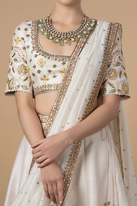 Buy_Blue Lotus Design_White Dupatta Cotton Silk, Lining Shantoon Beads And Embroidered Lehenga Set _Online_at_Aza_Fashions
