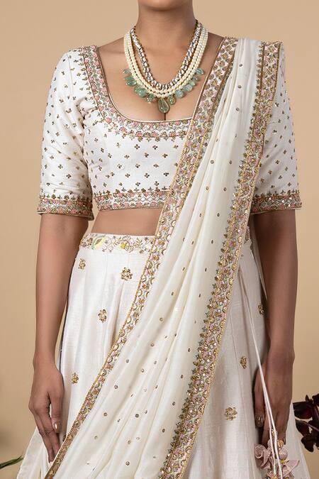 Blue Lotus Design_White Lehenga And Blouse Raw Silk & Dupatta Cotton Silk, Lining Shantoon Set _Online_at_Aza_Fashions
