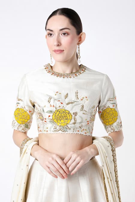 Blue Lotus Design_White Lehenga And Blouse Raw & Dupatta Cotton Embroidery Bridal Set _Online_at_Aza_Fashions