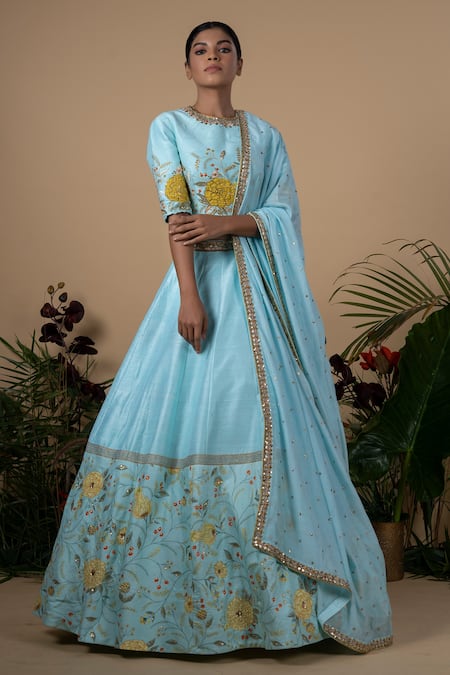 Blue Lotus Design Raw Silk Lehenga Set 