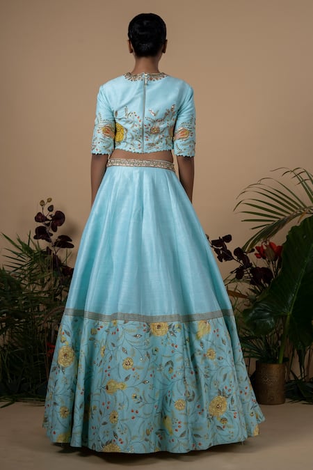 Blue Lotus Design Raw Silk Lehenga Set 