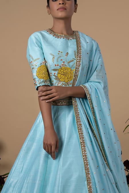 Blue Lotus Design_Blue Lehenga And Blouse Raw Silk & Dupatta Cotton Silk, Lining Shantoon Set _Online_at_Aza_Fashions