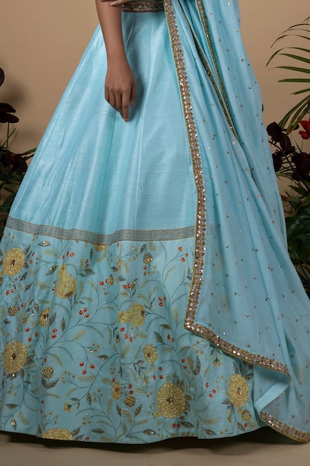 Buy_Blue Lotus Design_Blue Lehenga And Blouse Raw Silk & Dupatta Cotton Silk, Lining Shantoon Set _Online_at_Aza_Fashions