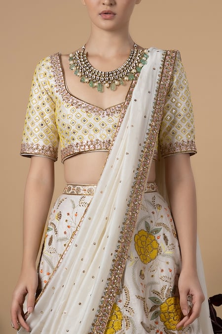 Blue Lotus Design White Lehenga And Blouse Raw Silk & Dupatta Cotton Silk, Lining Bridal Set Online at Aza Fashions Blue Lotus Design_White Lehenga And Blouse Raw Silk & Dupatta Cotton Silk, Lining Bridal Set _Online_at_Aza_Fashions