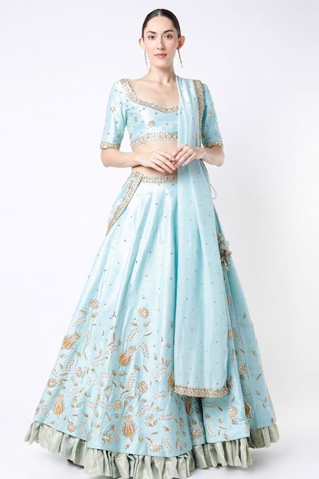 Blue Lotus Design Raw Silk Bridal Lehenga Set 