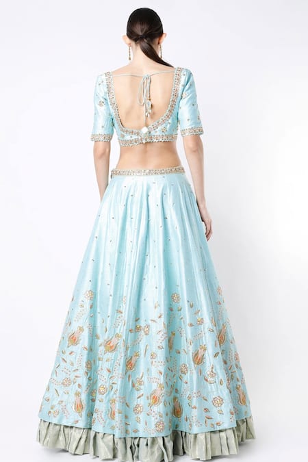 Shop Blue Lotus Design Blue Lehenga And Blouse Raw Silk & Dupatta Cotton Silk, Lining Bridal Set at Aza Fashions Shop_Blue Lotus Design_Blue Lehenga And Blouse Raw Silk & Dupatta Cotton Silk, Lining Bridal Set _at_Aza_Fashions