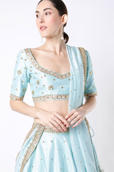 Blue Lotus Design Blue Lehenga And Blouse Raw Silk & Dupatta Cotton Silk, Lining Bridal Set Online at Aza Fashions Blue Lotus Design_Blue Lehenga And Blouse Raw Silk & Dupatta Cotton Silk, Lining Bridal Set _Online_at_Aza_Fashions