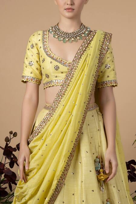Blue Lotus Design Yellow Lehenga And Blouse Raw Silk & Dupatta Cotton Silk, Lining Bridal Set Online at Aza Fashions Blue Lotus Design_Yellow Lehenga And Blouse Raw Silk & Dupatta Cotton Silk, Lining Bridal Set _Online_at_Aza_Fashions