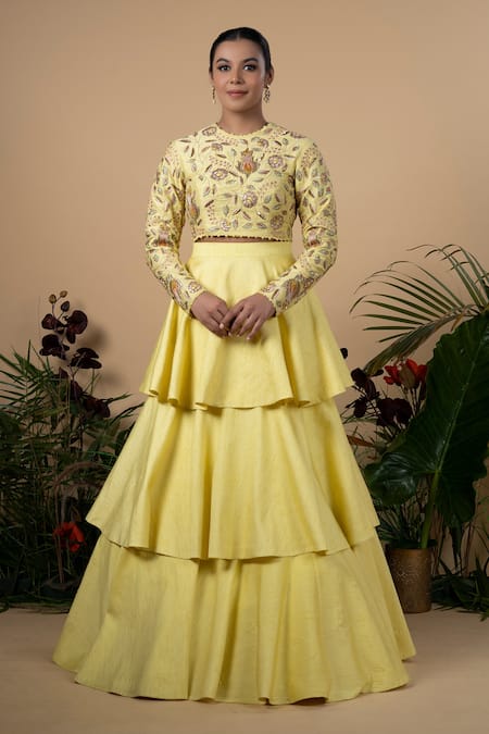 Blue Lotus Design Yellow Raw Silk Lining Shantoon Embroidery Zardozi Round Blouse And Lehenga Set 