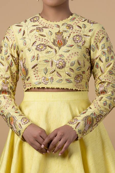 Blue Lotus Design_Yellow Raw Silk Lining Shantoon Thread And Sequin, Zardozi Blouse & Lehenga Set _Online_at_Aza_Fashions