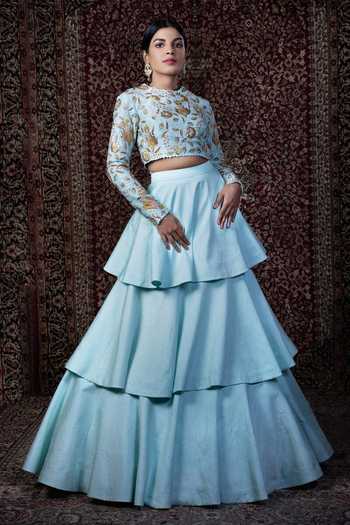 Blue Lotus Design_Blue Raw Silk Lining Shantoon Thread And Sequin, Zardozi Blouse & Lehenga Set _Online_at_Aza_Fashions