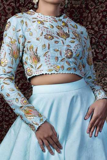 Buy_Blue Lotus Design_Blue Raw Silk Lining Shantoon Thread And Sequin, Zardozi Blouse & Lehenga Set _Online_at_Aza_Fashions