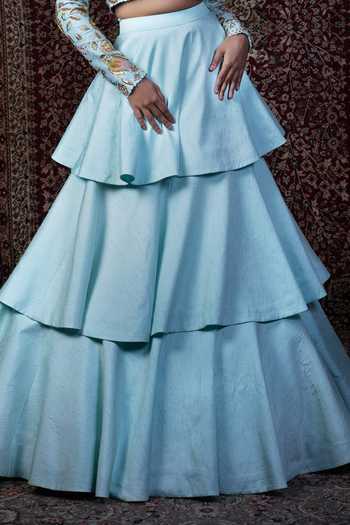 Shop_Blue Lotus Design_Blue Raw Silk Lining Shantoon Thread And Sequin, Zardozi Blouse & Lehenga Set _Online_at_Aza_Fashions