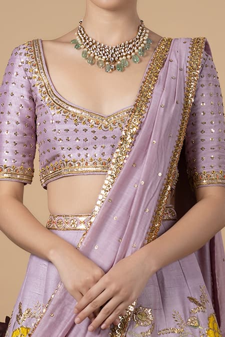 Blue Lotus Design Purple Lehenga And Blouse Raw Silk & Dupatta Cotton Silk, Lining Bridal Set Online at Aza Fashions Blue Lotus Design_Purple Lehenga And Blouse Raw Silk & Dupatta Cotton Silk, Lining Bridal Set _Online_at_Aza_Fashions