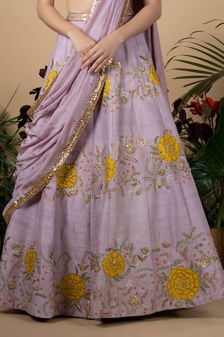 Buy Blue Lotus Design Purple Lehenga And Blouse Raw Silk & Dupatta Cotton Silk, Lining Bridal Set Online at Aza Fashions Buy_Blue Lotus Design_Purple Lehenga And Blouse Raw Silk & Dupatta Cotton Silk, Lining Bridal Set _Online_at_Aza_Fashions