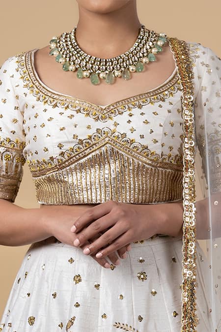 Blue Lotus Design White Lehenga And Blouse Raw Silk & Dupatta Cotton Silk, Lining Bridal Set Online at Aza Fashions Blue Lotus Design_White Lehenga And Blouse Raw Silk & Dupatta Cotton Silk, Lining Bridal Set _Online_at_Aza_Fashions