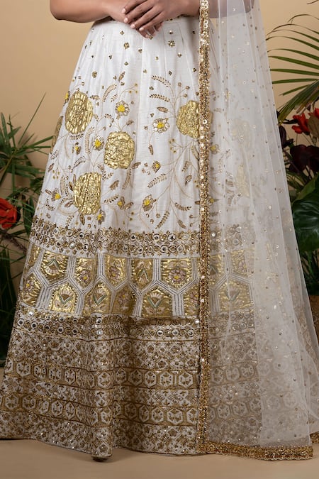 Buy Blue Lotus Design White Lehenga And Blouse Raw Silk & Dupatta Cotton Silk, Lining Bridal Set Online at Aza Fashions Buy_Blue Lotus Design_White Lehenga And Blouse Raw Silk & Dupatta Cotton Silk, Lining Bridal Set _Online_at_Aza_Fashions