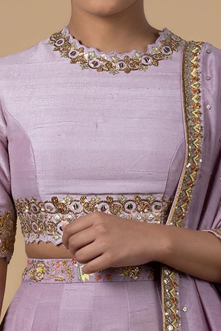 Blue Lotus Design_Purple Lehenga And Blouse Raw Silk & Dupatta Cotton Silk, Lining Shantoon Set _Online_at_Aza_Fashions