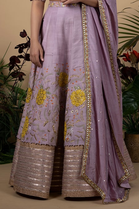 Buy_Blue Lotus Design_Purple Lehenga And Blouse Raw Silk & Dupatta Cotton Silk, Lining Shantoon Set _Online_at_Aza_Fashions