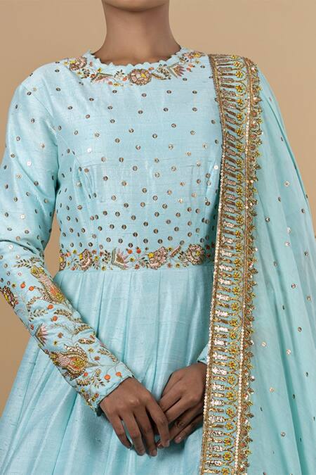 Blue Lotus Design_Blue Anarkali Raw Silk And Dupatta Cotton Silk, Lining Shantoon Sequin, With _Online_at_Aza_Fashions