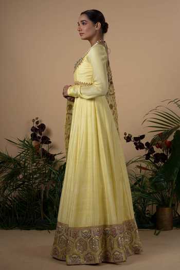 Blue Lotus Design_Yellow Anarkali Raw Silk And Dupatta Georgette, Lining Shantoon Sequin, With _Online_at_Aza_Fashions