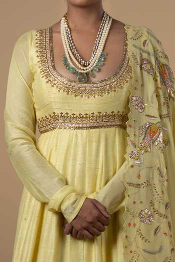 Buy_Blue Lotus Design_Yellow Anarkali Raw Silk And Dupatta Georgette, Lining Shantoon Sequin, With _Online_at_Aza_Fashions