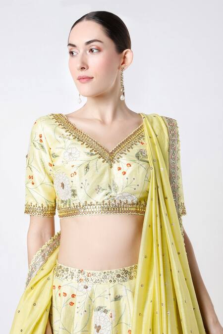 Blue Lotus Design_Yellow Lehenga And Blouse Raw Silk & Dupatta Cotton Silk, Lining Shantoon Set _Online_at_Aza_Fashions