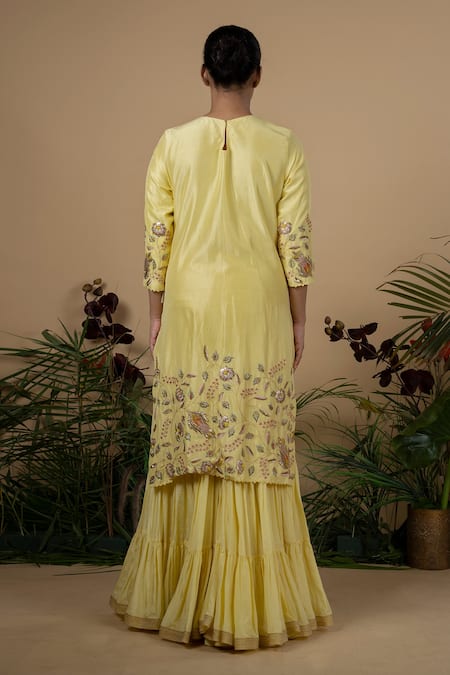 Shop Blue Lotus Design Yellow Dupion , Cotton Floral Round Embroidered Kurta Gharara Set at Aza Fashions Shop_Blue Lotus Design_Yellow Dupion , Cotton Floral Round Embroidered Kurta Gharara Set _at_Aza_Fashions
