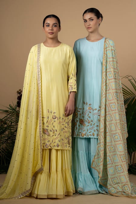 Blue Lotus Design Yellow Dupion , Cotton Floral Round Embroidered Kurta Gharara Set Online at Aza Fashions Blue Lotus Design_Yellow Dupion , Cotton Floral Round Embroidered Kurta Gharara Set _Online_at_Aza_Fashions