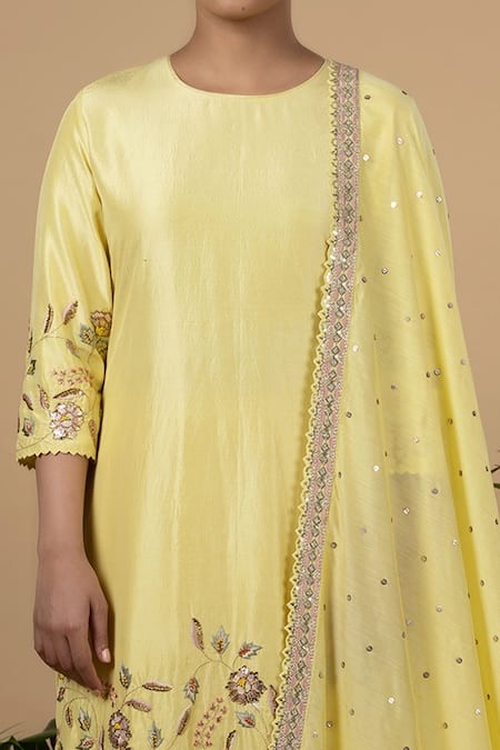 Buy Blue Lotus Design Yellow Dupion , Cotton Floral Round Embroidered Kurta Gharara Set Online at Aza Fashions Buy_Blue Lotus Design_Yellow Dupion , Cotton Floral Round Embroidered Kurta Gharara Set _Online_at_Aza_Fashions