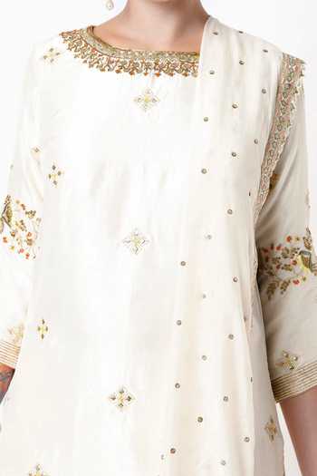 Blue Lotus Design_White Dupion , Cotton Floral, Bandhani Embroidered Kurta Gharara Set _Online_at_Aza_Fashions
