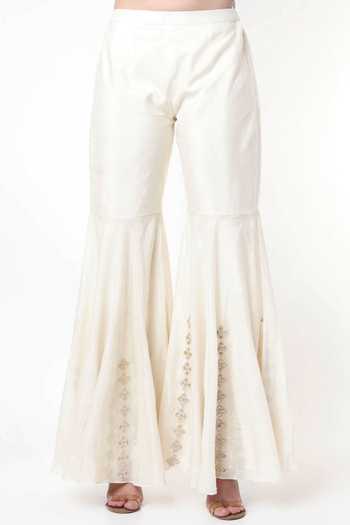 Buy_Blue Lotus Design_White Dupion , Cotton Floral, Bandhani Embroidered Kurta Gharara Set _Online_at_Aza_Fashions