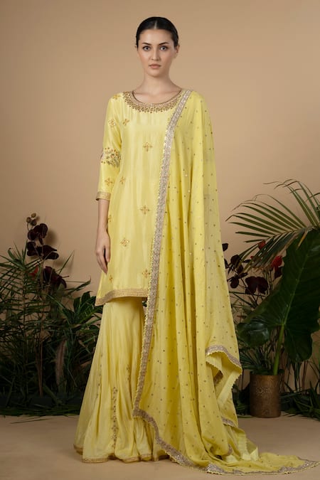 Blue Lotus Design Yellow Dupion Silk Embroidered Bandhani Round Kurta Gharara Set 