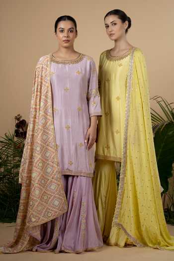 Blue Lotus Design_Yellow Dupion , Cotton Floral, Bandhani Embroidered Kurta Gharara Set _Online_at_Aza_Fashions
