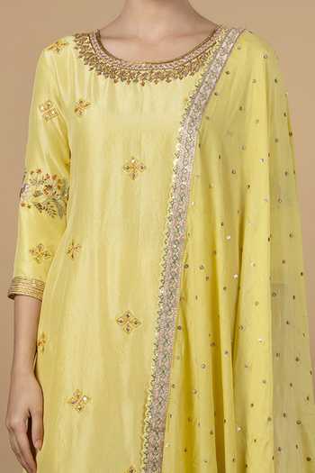 Buy_Blue Lotus Design_Yellow Dupion , Cotton Floral, Bandhani Embroidered Kurta Gharara Set _Online_at_Aza_Fashions