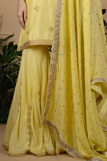 Shop_Blue Lotus Design_Yellow Dupion , Cotton Floral, Bandhani Embroidered Kurta Gharara Set _Online_at_Aza_Fashions