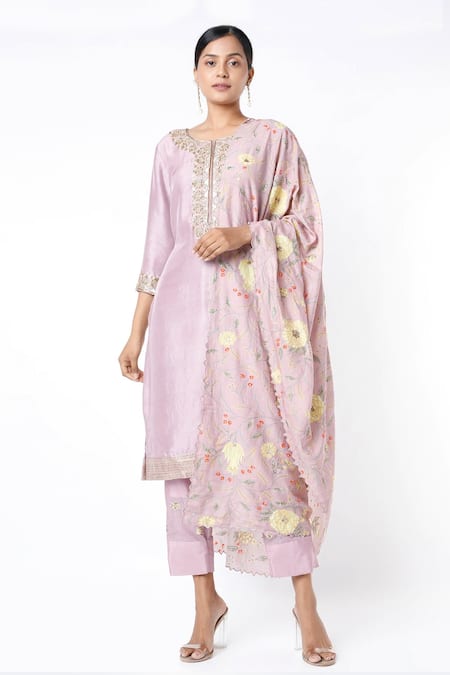 Blue Lotus Design Purple Floral Round Embroidered Kurta Set 