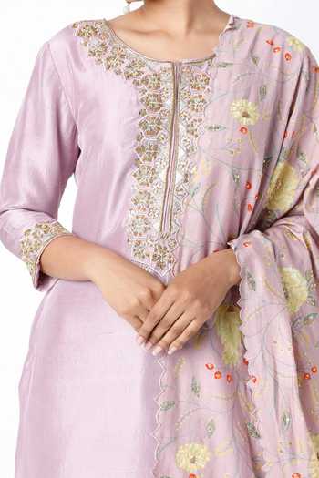 Blue Lotus Design_Purple Floral Round Embroidered Kurta Set _Online_at_Aza_Fashions