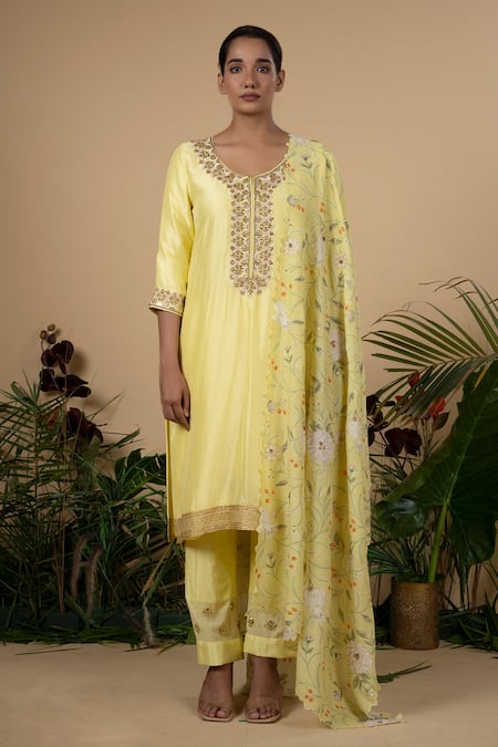 Blue Lotus Design Yellow Dupion , Cotton Floral Round Embroidered Kurta Set 