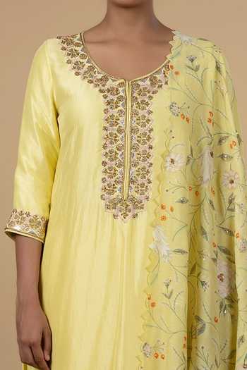 Blue Lotus Design_Yellow Dupion , Cotton Floral Round Embroidered Kurta Set _Online_at_Aza_Fashions