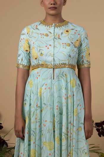 Blue Lotus Design_Blue Chennur Floral Round Print Kurta And Pant Set _Online_at_Aza_Fashions