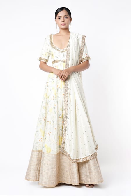 Blue Lotus Design White Cotton Silk, Chennur Floral V Neck Print Anarkali With Dupatta 