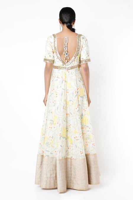 Shop Blue Lotus Design White Cotton Silk, Chennur Floral V Neck Print Anarkali With Dupatta at Aza Fashions Shop_Blue Lotus Design_White Cotton Silk, Chennur Floral V Neck Print Anarkali With Dupatta _at_Aza_Fashions