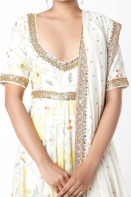 Blue Lotus Design White Cotton Silk, Chennur Floral V Neck Print Anarkali With Dupatta Online at Aza Fashions Blue Lotus Design_White Cotton Silk, Chennur Floral V Neck Print Anarkali With Dupatta _Online_at_Aza_Fashions