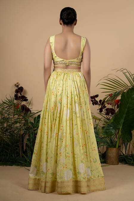 Blue Lotus Design Floral Print Chanderi Lehenga Set 