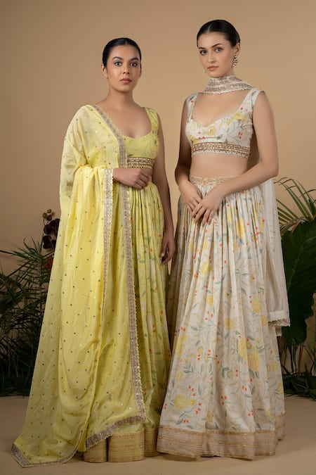 Blue Lotus Design_Yellow Chanderi, Cotton Silk, Lining Shantoon Floral Motifs Print Lehenga Set _Online_at_Aza_Fashions